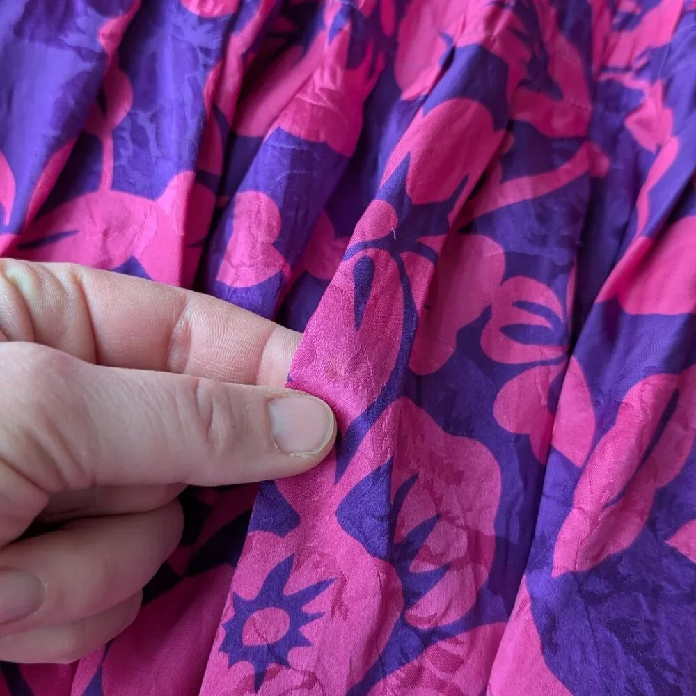 Vintage 80s Silk Raul Blanco Pink Purple Long Sleeve Midi Skirt Matching Set